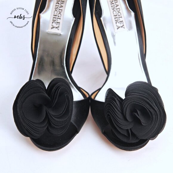 Badgley Mischka Satin Rosette Open Toe Stiletto Heels Black Women 7.5 - Picture 9 of 14